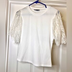 Lace Sleeve Ribbed Knit Top in White